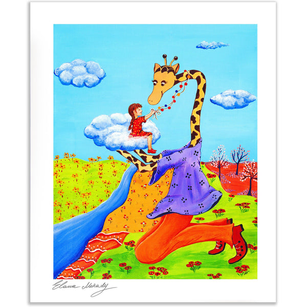 A Little Girl's Dream with a Giraffe, Paper Art Print 