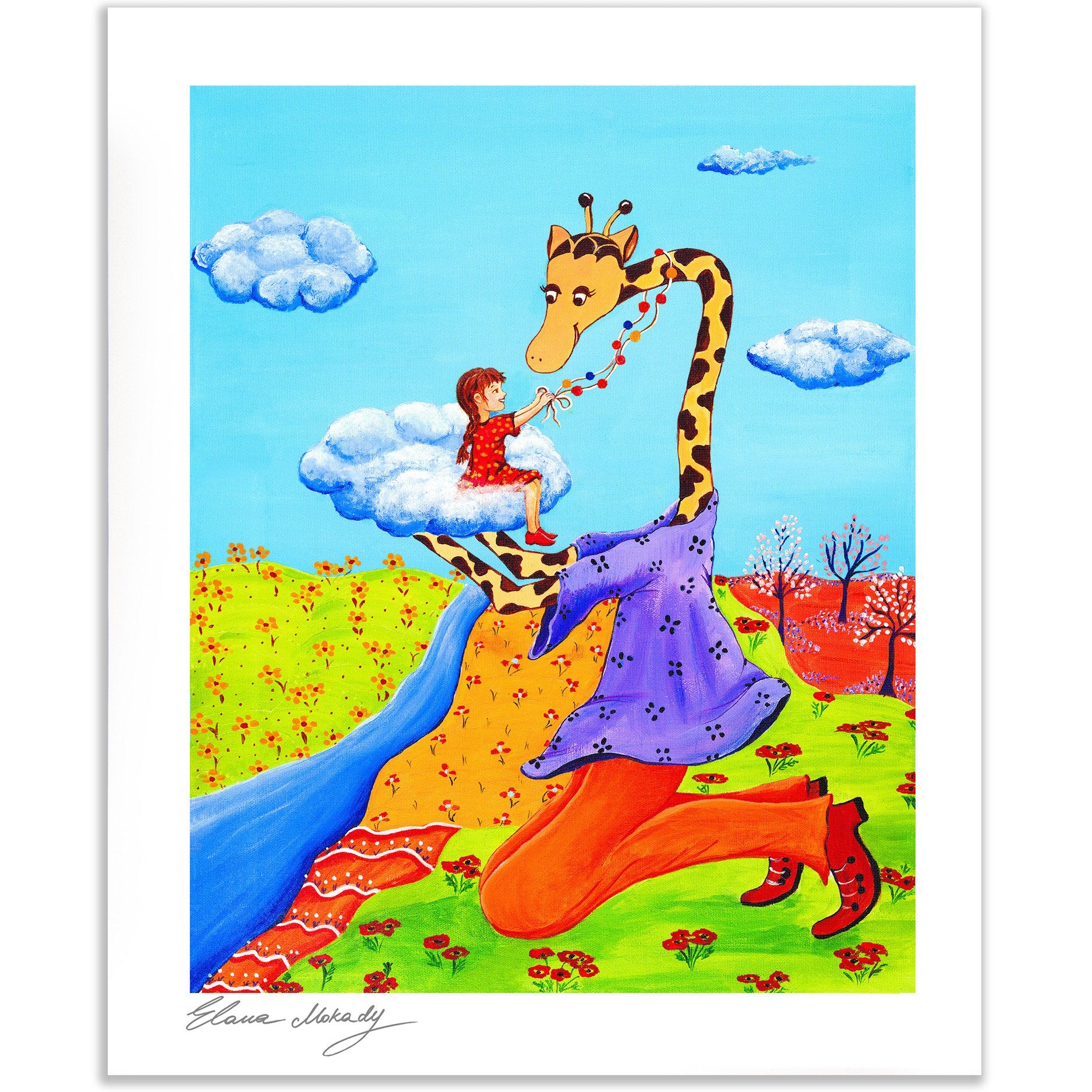 A Little Girl's Dream with a Giraffe, Paper Art Print 